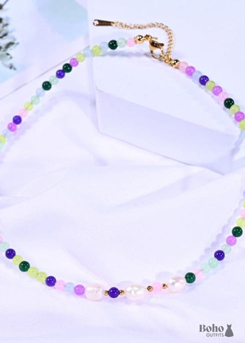 Boho Necklace, Seed Bead Choker, Crystal Pearl
